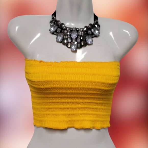 Yellow Sexy Crop Top Strapless Tube Top Smocked Stretchy Summer Bandeau - NEW - Picture 9 of 10